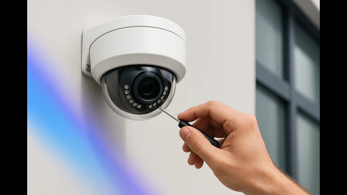 CCTV security camera being installed on a commercial building