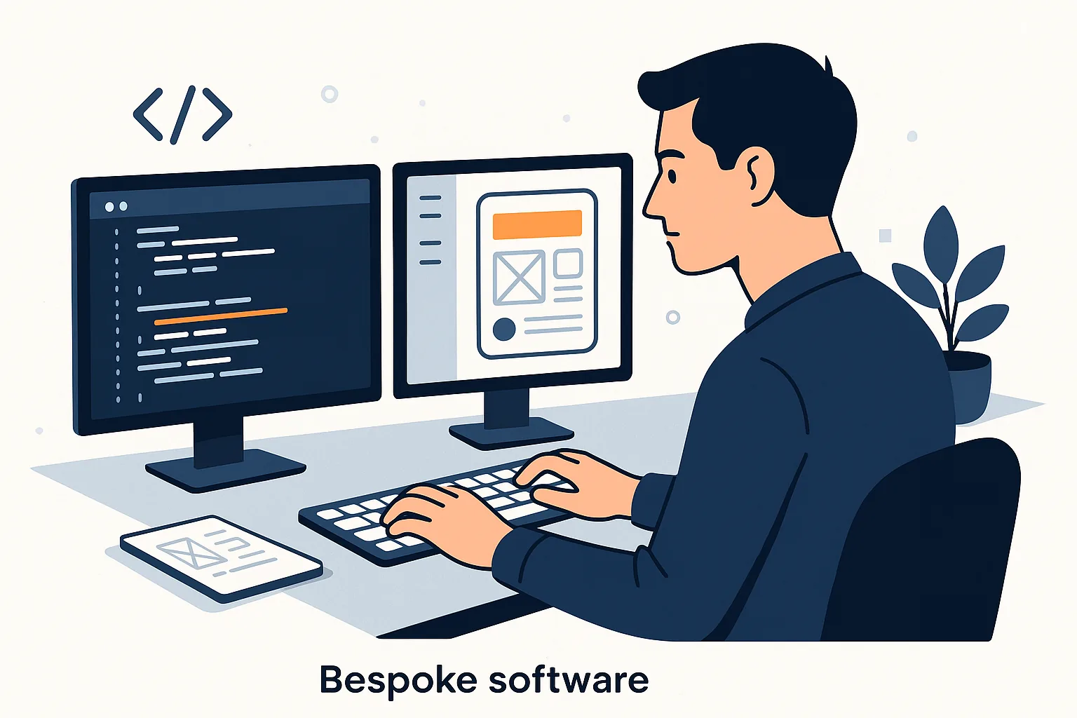 Developer writing custom code with an app wireframe on screen