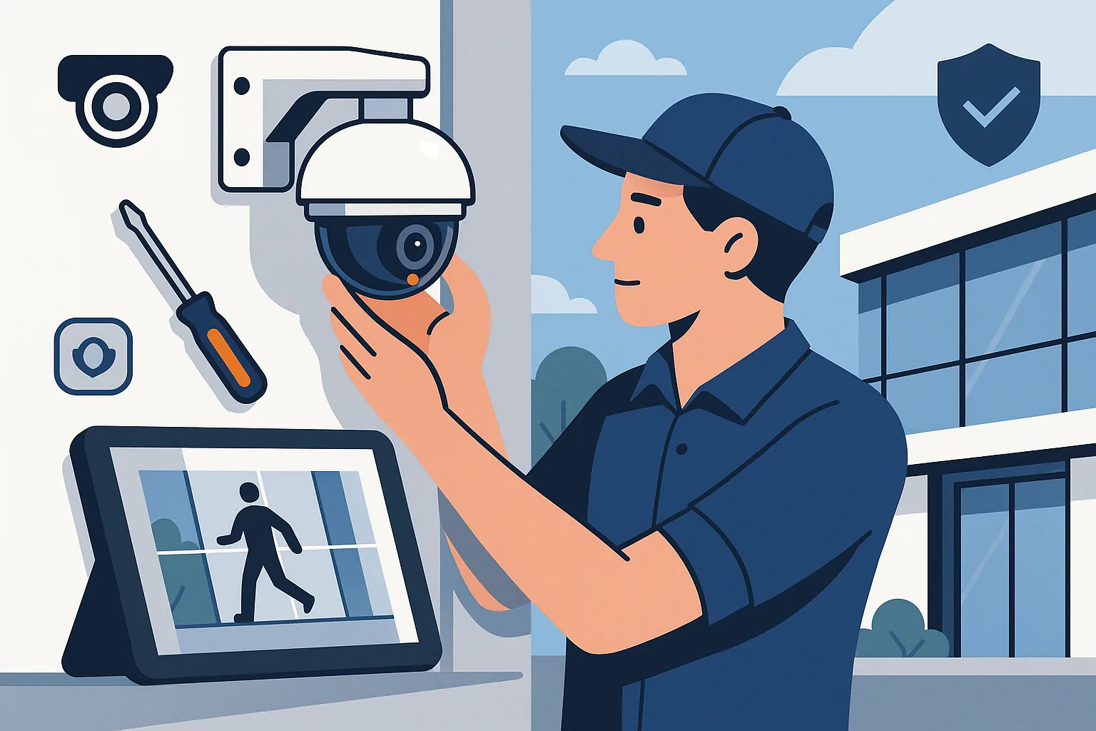 Technician installing a CCTV dome camera on a building