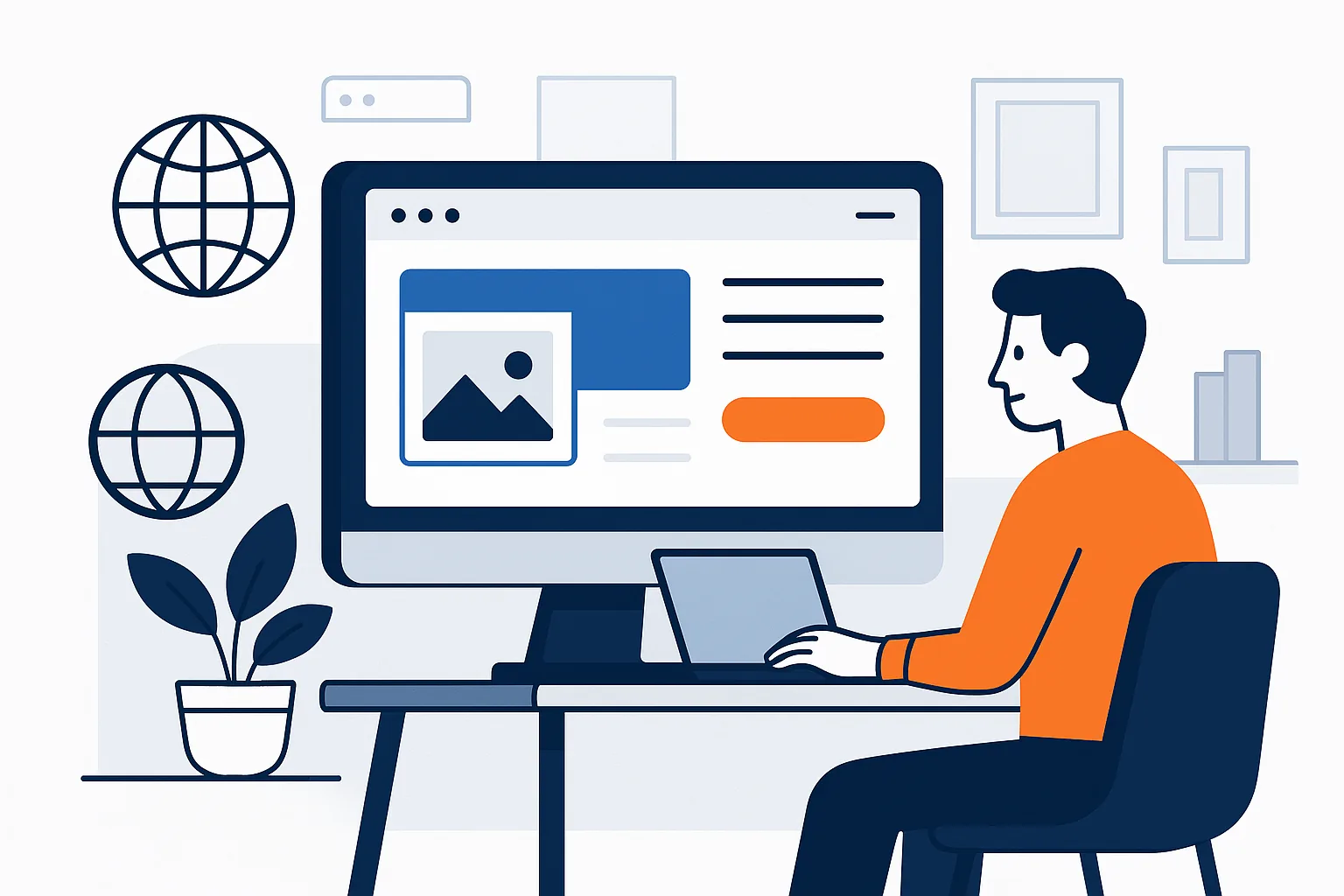 Designer working on a website mockup with a globe icon