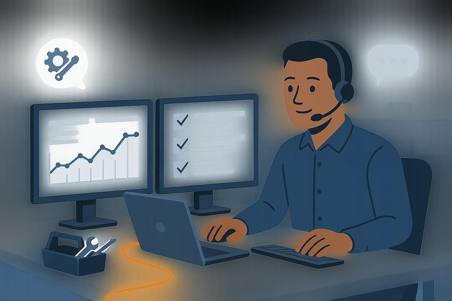 IT support technician resolving a helpdesk ticket at a workstation