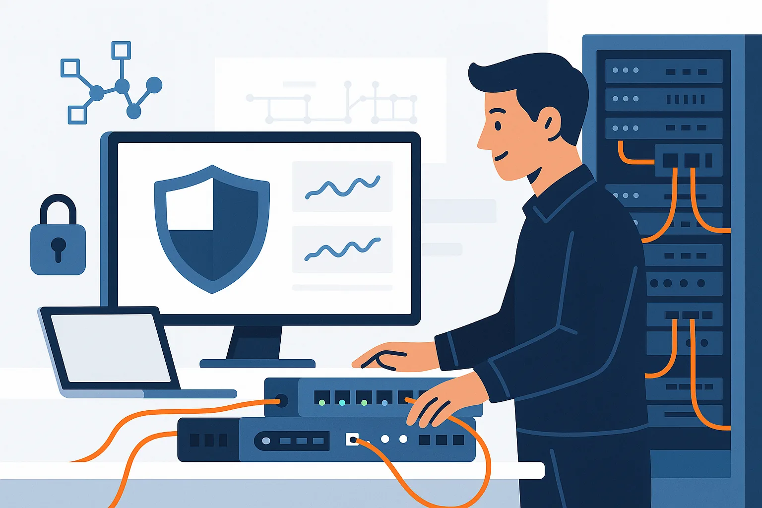 IT technician configuring a firewall and security dashboard