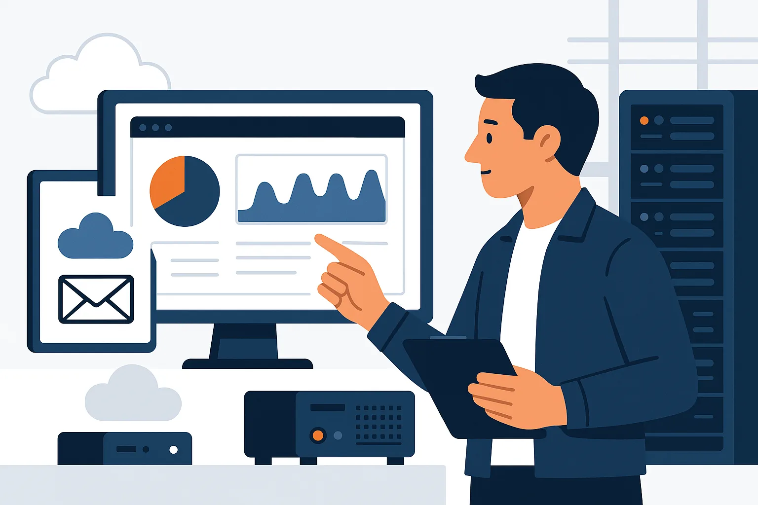 Technician monitoring a hosting dashboard with cloud and email icons